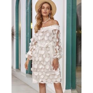 White Rose Petals Sheer Mesh Off Shoulder Dress